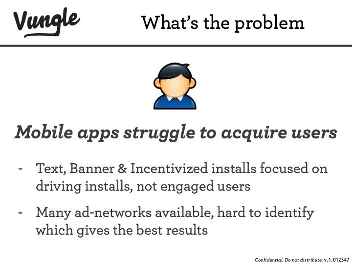 Vungle pitch deck problem slide: mobile apps struggle to acquire engaged users across many ad networks
