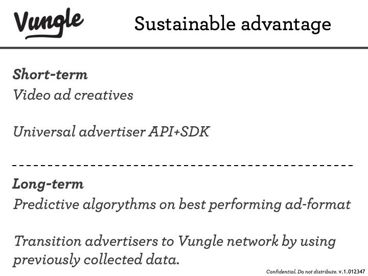 Vungle pitch deck slide outlining short-term and long-term sustainable advantages