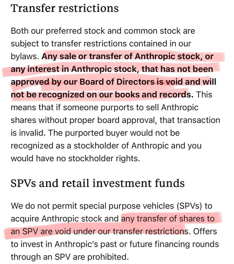 Screenshot of Anthropic bylaw text on stock transfer restrictions and a ban on SPVs acquiring shares